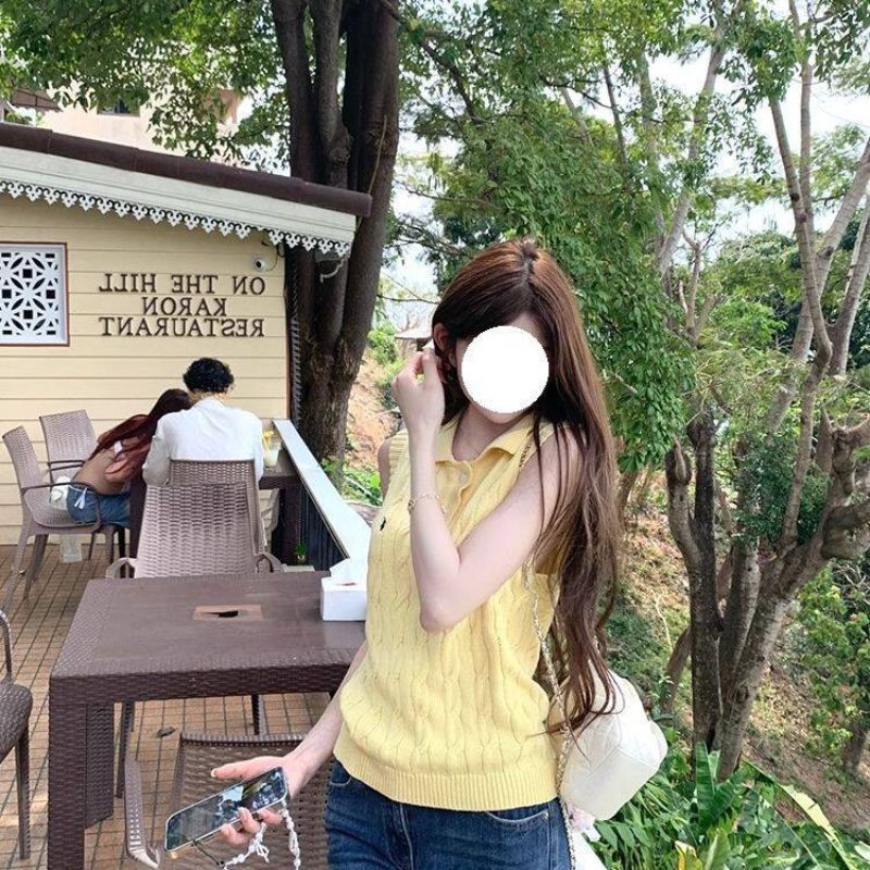 夏季韩系气质polo领刺绣麻花针织马甲背心女休闲百搭无袖T恤上衣