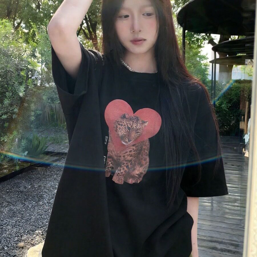 95棉2026新款印花爱心百搭休闲上衣黑色短袖t恤女