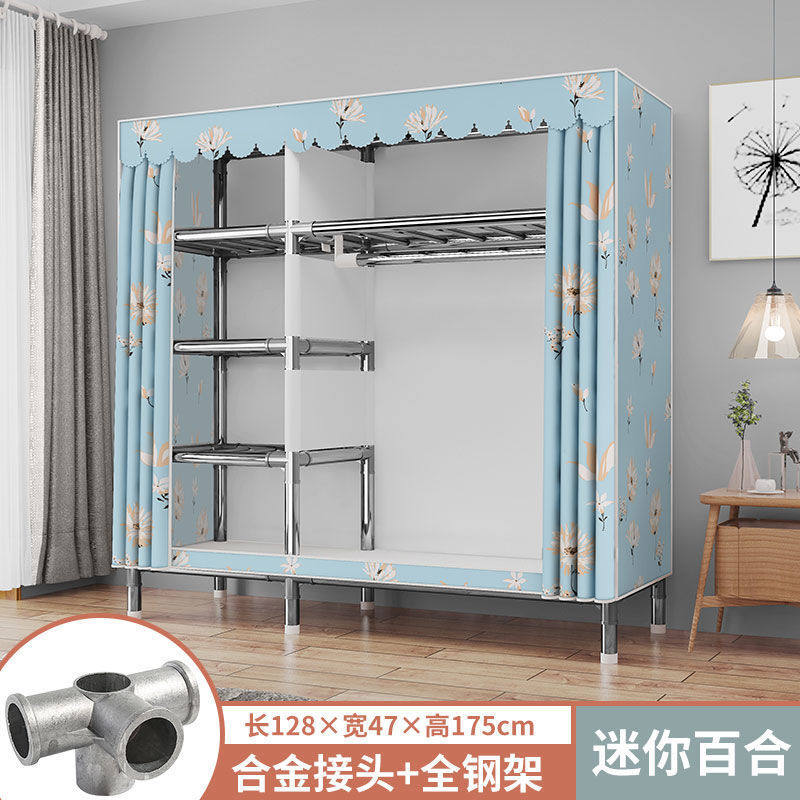 简易布衣柜钢管加粗固厚布艺实木大中号单双人收纳架挂出租房家用