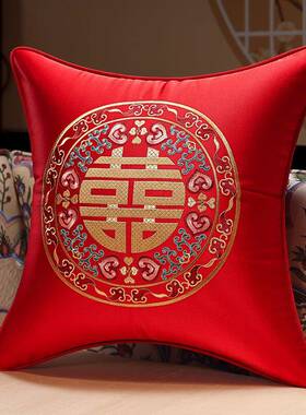 结婚抱枕一房对婚庆婚靠垫中式发客厅红色喜字喜枕F98988T6床绣头
