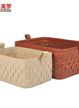 系新款手工编织皮革收纳玄篮813026卧关室衣橱桌日面长方形收纳筐