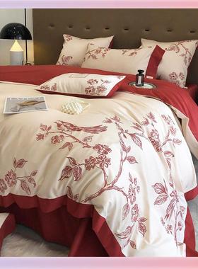 3K浪婚庆纯棉1F768J75900支长绒套棉Y四件花鸟刺绣被套结漫婚床上