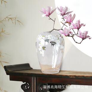 新中式白玄樱恋花气CCD玻璃蝶花瓶玉兰花高级泡感小众关客厅插花
