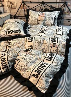 卡通爆款32rsb5r5边黑花可爱兔柔暖气磨毛四件套民宿风被套床单三