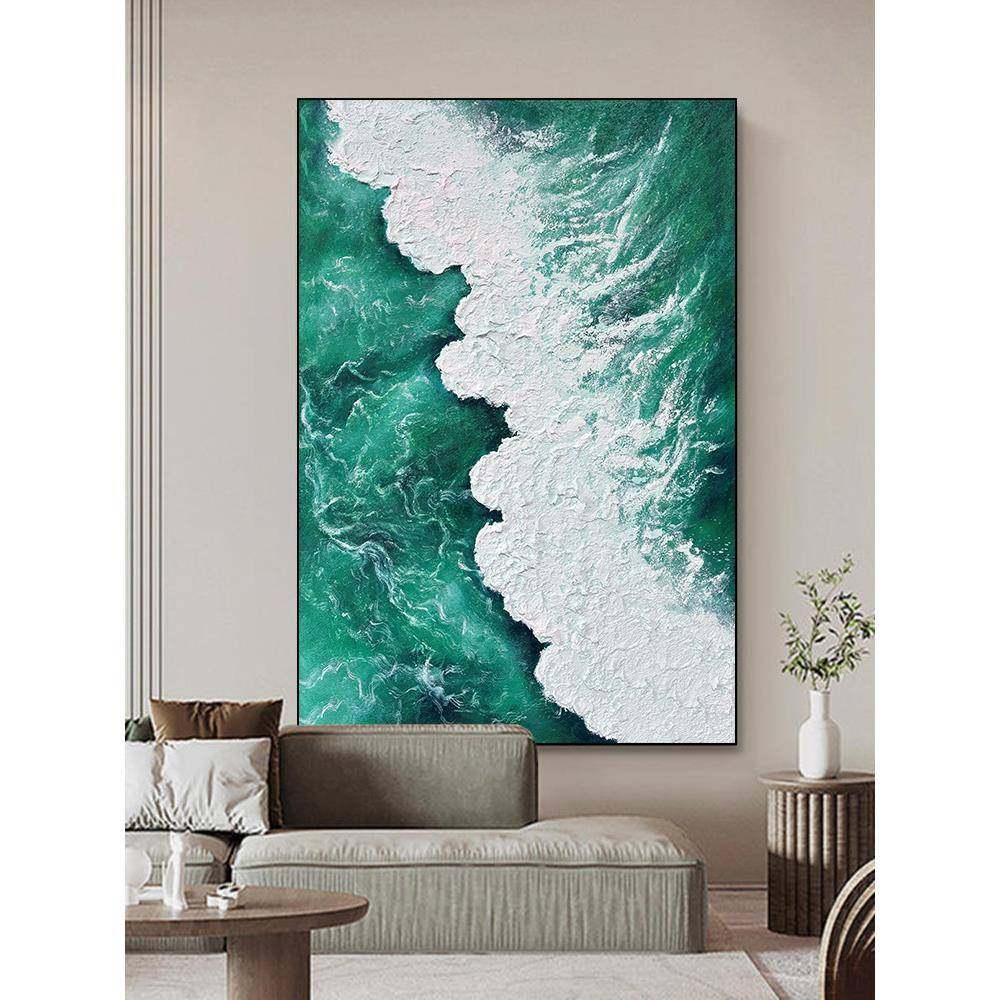 忒手绘绿派色浪风景立体画肌理油海《碧DZTM414涛》现代客厅玄关,家居饰品,现代装饰画,淘宝优惠券,粉丝福利购,淘宝优惠卷