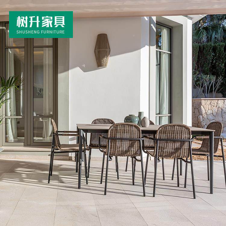 户外休闲藤编柚木餐桌组合阳光房52818阳藤椅家具园花露台台室外
