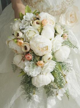 美式高档仿欧真新娘手捧花牡丹玫瑰结婚拍照瀑布西79741水下垂形