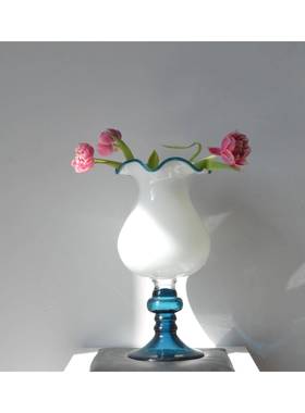式中古柔光工铃兰玻璃GBA花瓶蓝色拼奶油风白手灯插花装法饰品摆