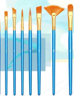 10支装木杆蓝色画笔 尼龙毛油画笔刷 水粉水彩颜料绘画画笔