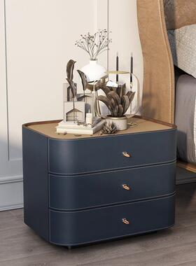 意式极简实木头柜马皮边柜卧室鞍抽斗HQJ柜高床端宝蓝色三轻奢储