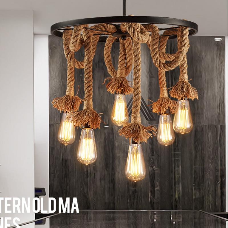 代麻绳吊灯工业风复古灯客厅艺餐厅简约现车轮术个性卧创室意麻绳