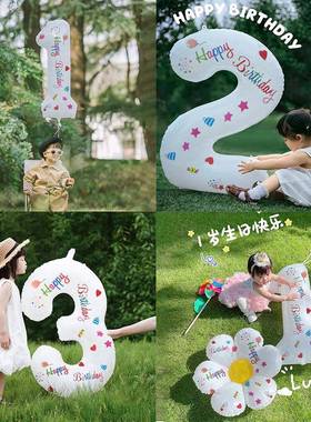 宝宝周岁场景布置数字铝膜气球白色儿童户外玩具拍照道具生日派对