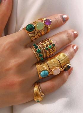 杰鼎饰品欧美复古不锈钢宝石戒指18k镀金指环首饰中古rings女