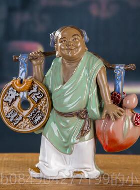 高档小财神招财童子石公仔湾式家居装中饰品客厅书房摆件陶瓷人送