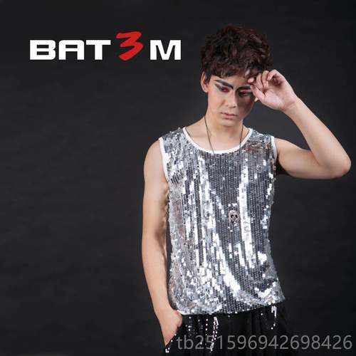 高档夏季亮片背心男夜店男DJ男模特舞台DST台男演出服装修时身舞