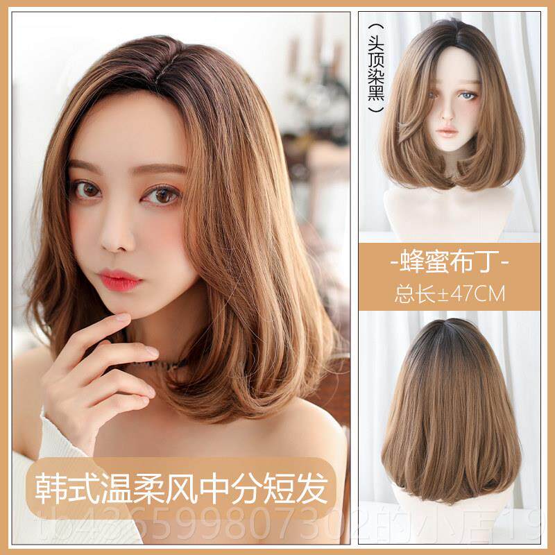 正品七街皇绿色后假发女短自发然帅气修直发可爱网红全脸套圆脸短
