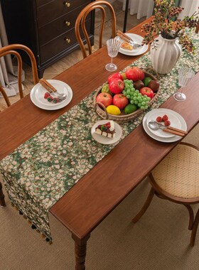 法式田园绿色小花草地提花流苏桌旗美式复古长条餐桌垫茶几旗盖巾