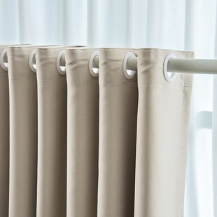 遮阳窗帘免打孔安装卧室全遮光新款伸缩杆一整套奶油色简易帘
