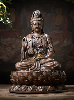 佛香天逸 铜观音菩萨佛像家用客厅佛堂摆件南海观世音微笑观音