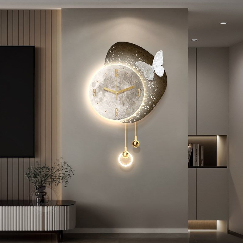 月球挂钟电视背景墙装饰画高级感客厅钟表挂墙新款创意时钟壁灯画