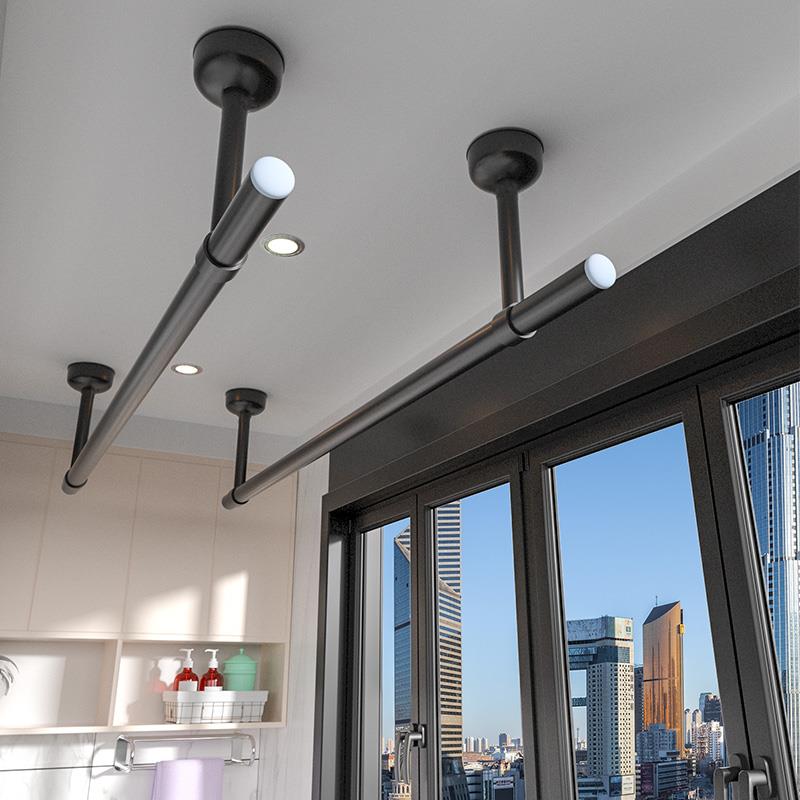 晾衣杆阳台顶装固定式晾衣架黑色晒衣杆一根单杆凉衣服侧装晒衣艺