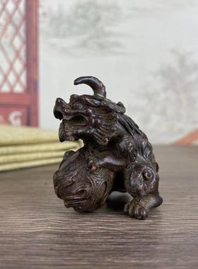 古玩杂项收藏摆件合金铜铸狮子舞狮居家桌面饰品复古包浆茶宠摆饰