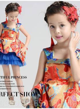 正品高表档女童儿袖拖尾婚纱晚礼服黑色长秋款模特T童台走秀演出