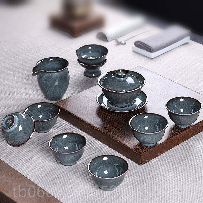 正品裂青功夫茶瓷具套装家用陶瓷复古铁胎冰整套泡茶壶盖碗茶礼杯