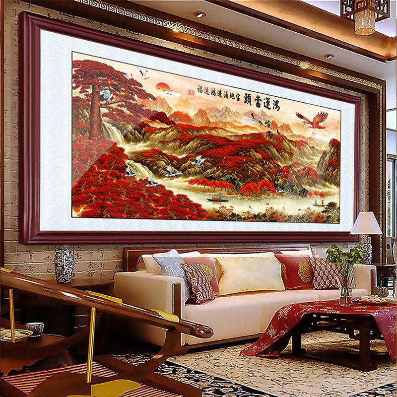 鸿运当头国画招财客厅挂字画泰山日出带框背有靠山中式装饰山水画