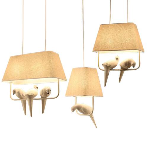北欧风三头鸟灯餐厅卧室个性儿童房简约树脂亚麻布艺小鸟灯