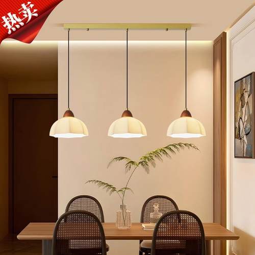 新款中古风餐厅吊灯中式胡桃木色一字型玻璃罩吊线中山灯具
