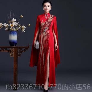 高档中国舞台古筝水袖演出服尾显瘦鱼高礼开 叉风旗袍洋装年会走