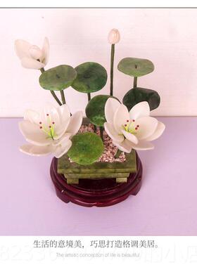 高档中式风格玉饰石白荷花摆仿真莲花盆景家装件客厅佛居堂供奉佛