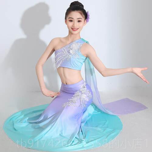 新款025裙新款傣族舞蹈演服儿童练功孔雀舞鱼尾半身裙出斗笠2表演