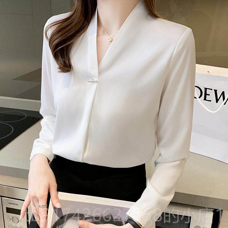 新款雪纺白衬衫女设计感小款众2025春夏新宽松职业V领衣上袖工长