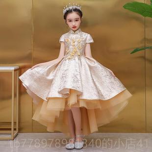 高档服女童晚礼琴中国风短后长公主裙儿童走秀小前女孩主持人钢演