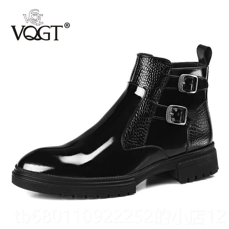 正品V丁Q靴GT冬季漆亮皮皮靴男短真皮高帮皮鞋马靴厚底大头男靴面