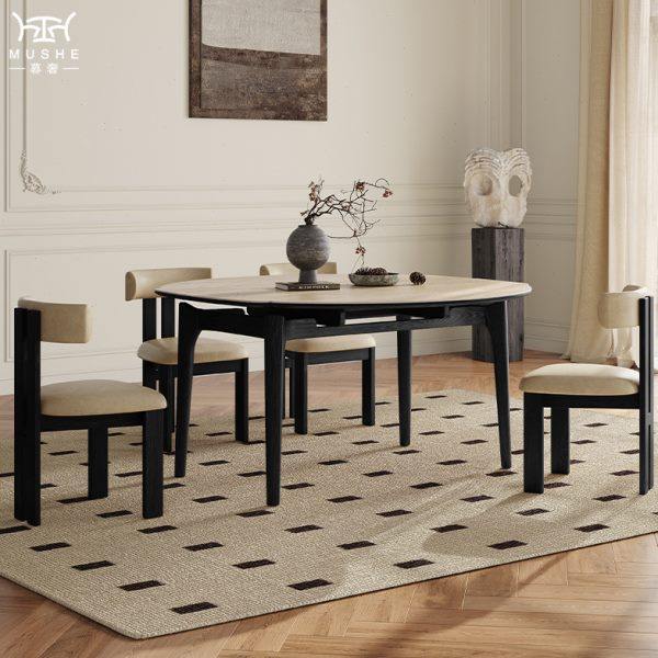 暮奢法式复古洞石岩板可伸缩餐桌简约圆变方折叠家用小户型餐桌,住宅家具,岩板餐桌,淘宝优惠券,粉丝福利购,淘宝优惠卷