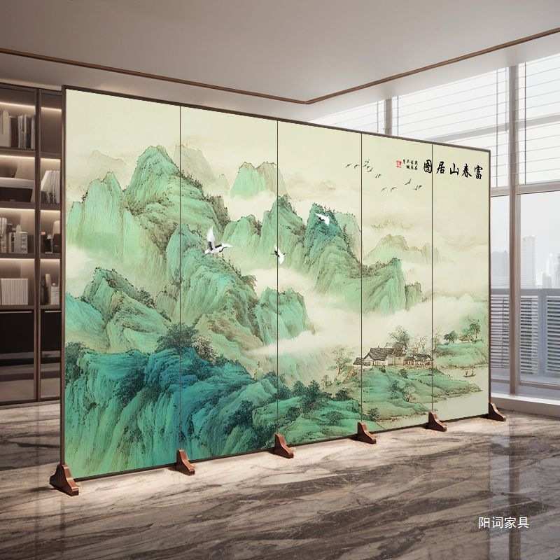 中式屏风山水画隔断客厅玄关可折叠移动书房酒店青山流水