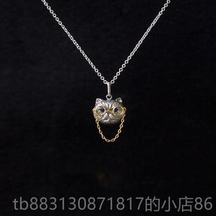 正品由子野丨动物系列丨宝石猫项咪炼纯银蓝锁女骨炼小众高级原创