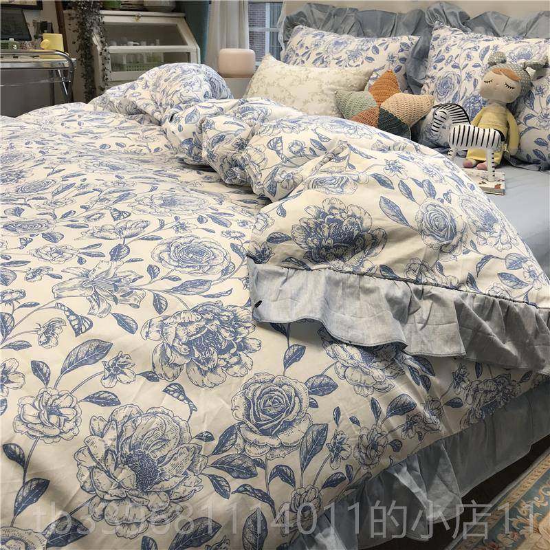 高档in棉s蓝色花边田四手绘风床上件套全园纯棉被套1.5m1.8米床单