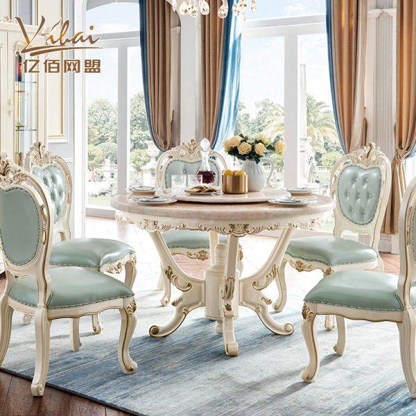 欧式圆餐桌椅实木大理石桌子6人组合桌椅带转盘高档餐桌椅