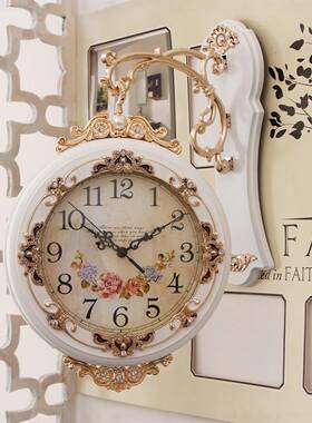 欧式UNM复室古双面挂钟意饰客厅静音钟表创装墙钟卧时尚摇摆钟