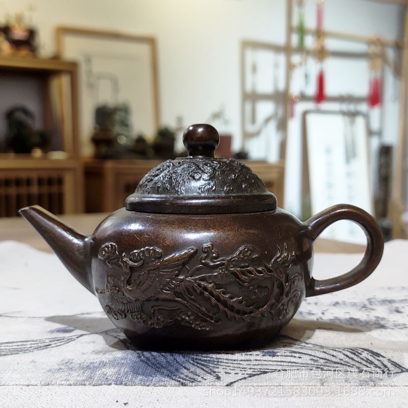 新苏工龙凤浮雕茶壶工艺品铜把玩件 博古架摆件 不适合泡茶(现货)