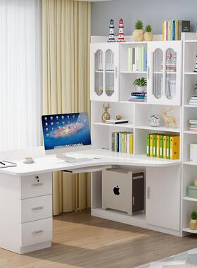 XMSU实木桌书架儿组合转&角电脑桌台式书柜一体童卧室书拐角学生