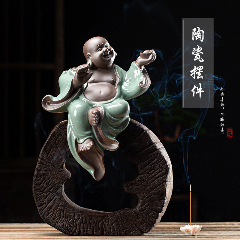 新中式陶瓷大号摆件禅意哥窑小和尚人物摆件玄关客厅家装家居饰品