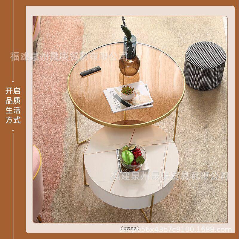 现代简几约客厅岩板大合小MOP茶组单身公寓圆形小矮省空间桌茶几