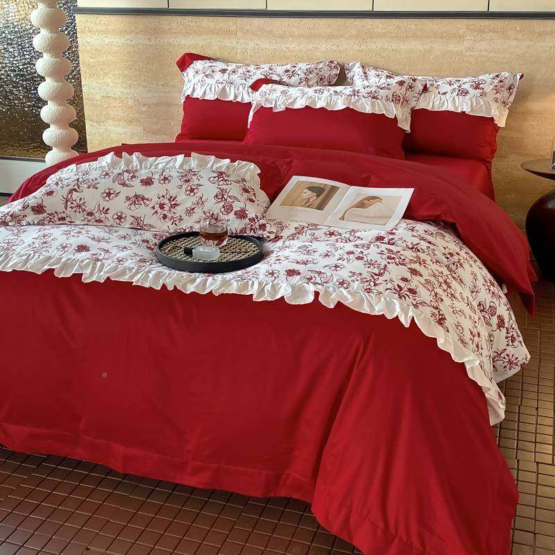 法式新10床F78J6H5J支婚嫁长绒棉结婚四件套红色被套纯棉婚庆上用