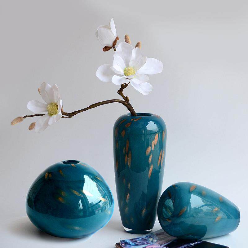 欧式美式现代彩色玻璃花瓶蓝色地中海风格客厅家居软装饰品大摆件