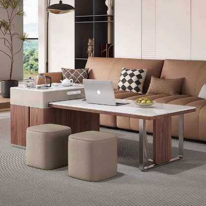 意式轻奢大理石微晶石多功能伸缩功夫茶几高级感烧水泡茶一体茶几